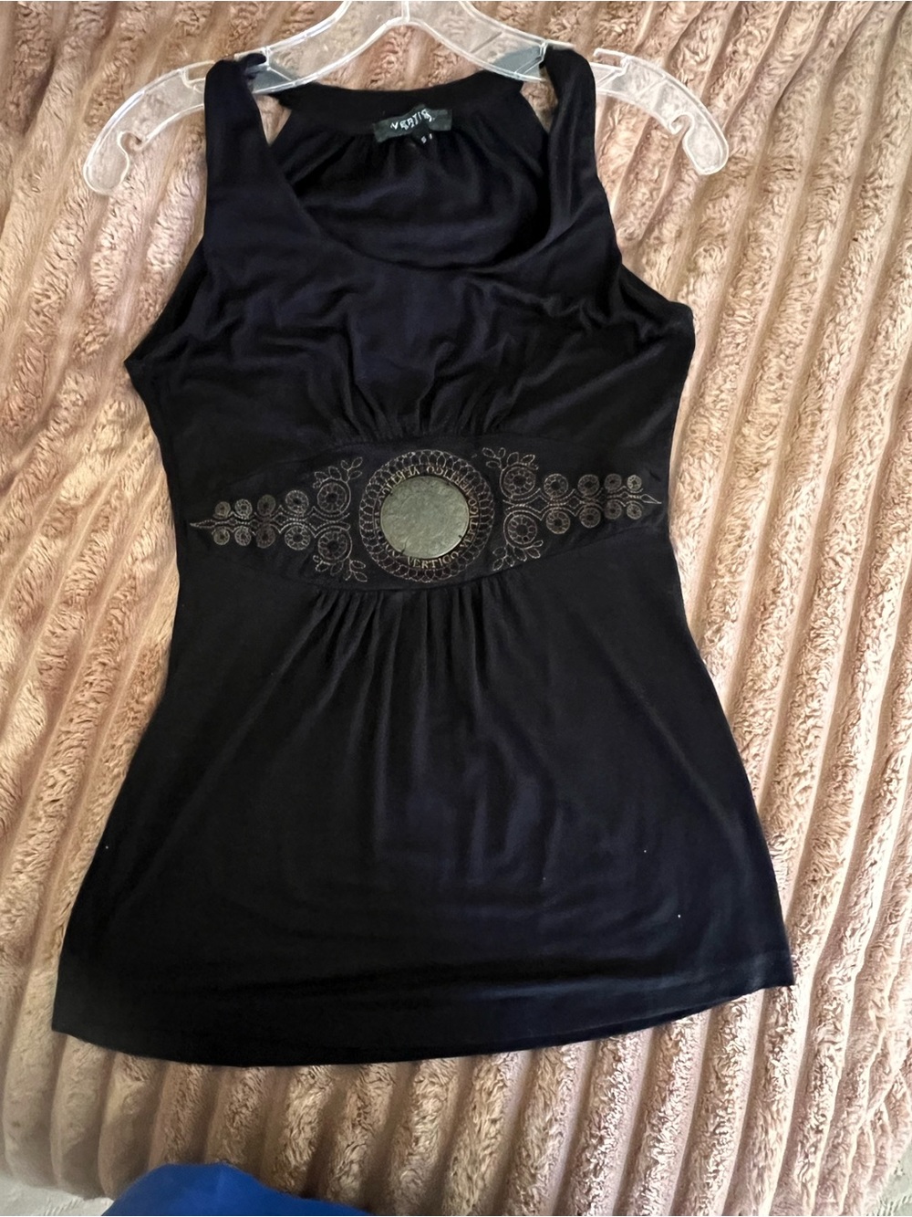 Vertigo Paris Black Tank Top with Gold Embroidered Waist Medallion. Size S